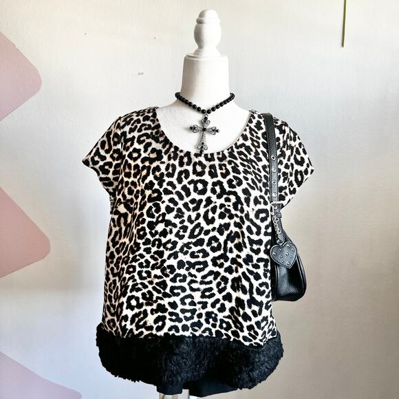 Leopard Fur Trim‎ Top, Grunge, 2000s, Trendy, XL, Retro, Trashy Glam, Bimbo - Picture 1 of 4
